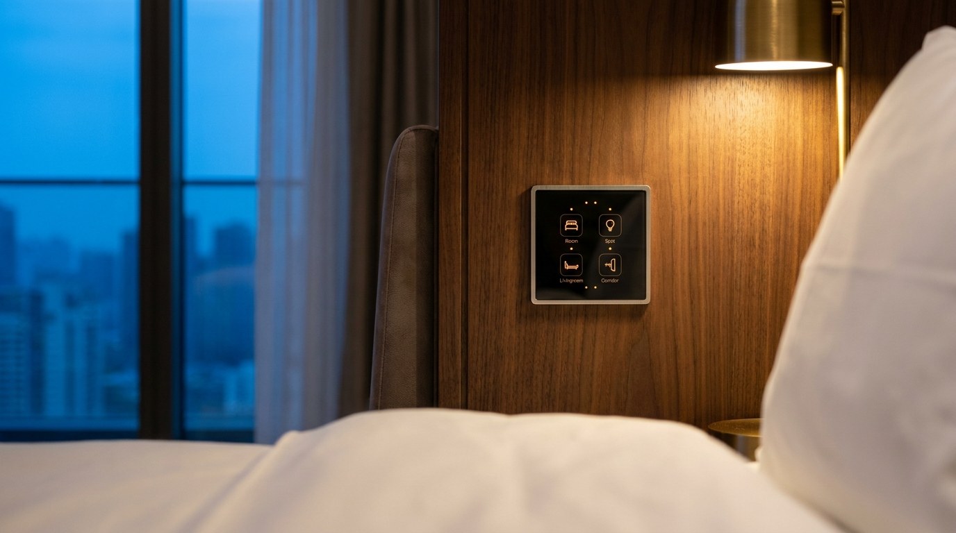 DasKlug Bedside Panel — Headboard mounted, backlit at dusk